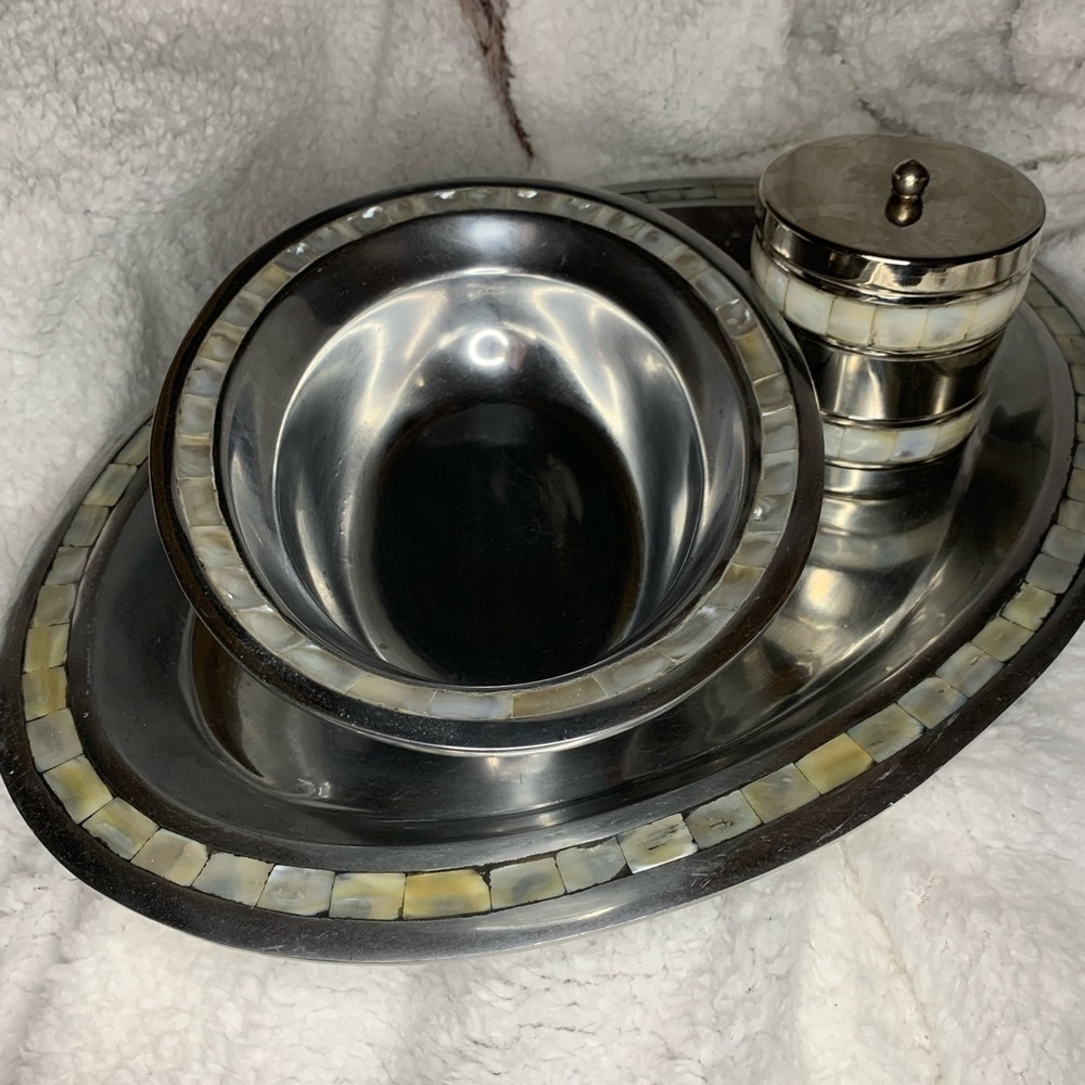 Antique Towle Silversmiths Mother Of Pearl Inlay Serving Tray , Bowl & Container